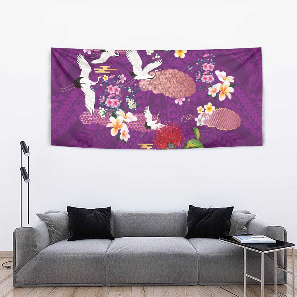 Hawaiian and Japanese Culture Together Tapestry Purple Ohia Lehua Plumeria and Sakura Blooming - Polynesian Pride