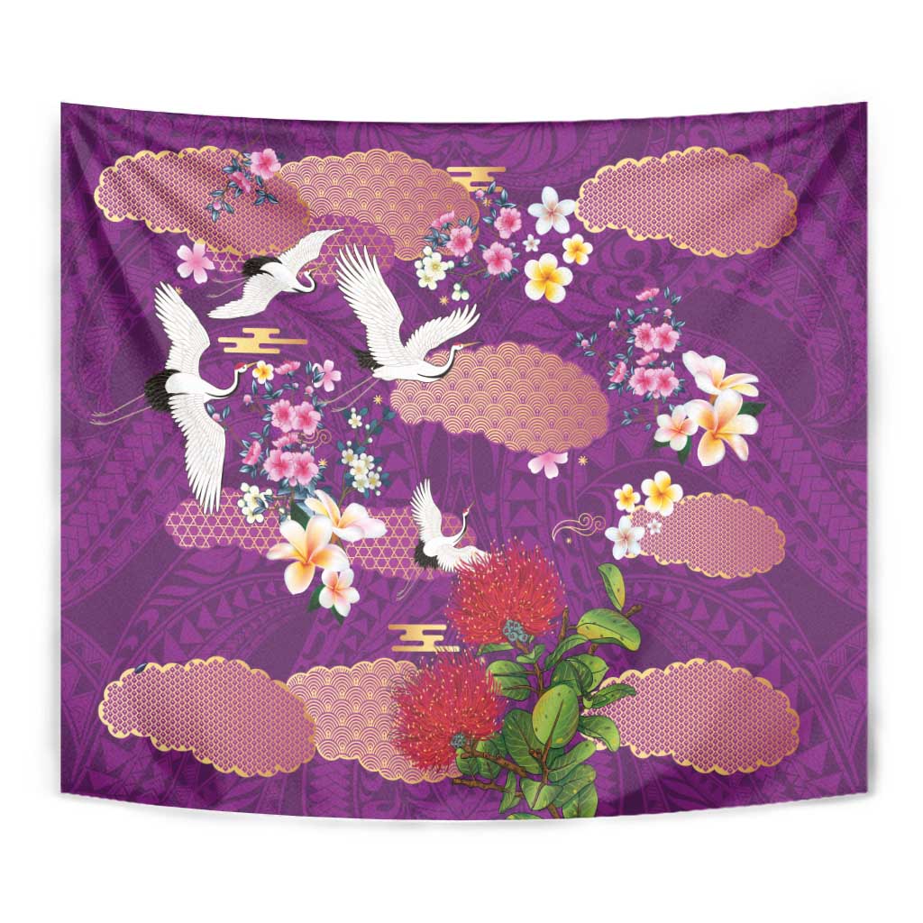 Hawaiian and Japanese Culture Together Tapestry Purple Ohia Lehua Plumeria and Sakura Blooming - Polynesian Pride