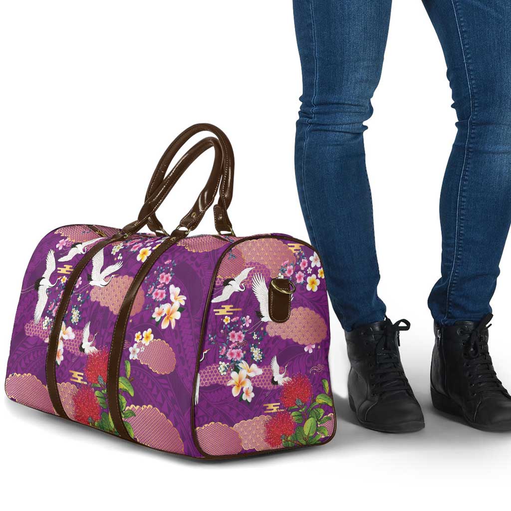 Hawaiian and Japanese Culture Together Travel Bag Purple Ohia Lehua Plumeria and Sakura Blooming - Polynesian Pride