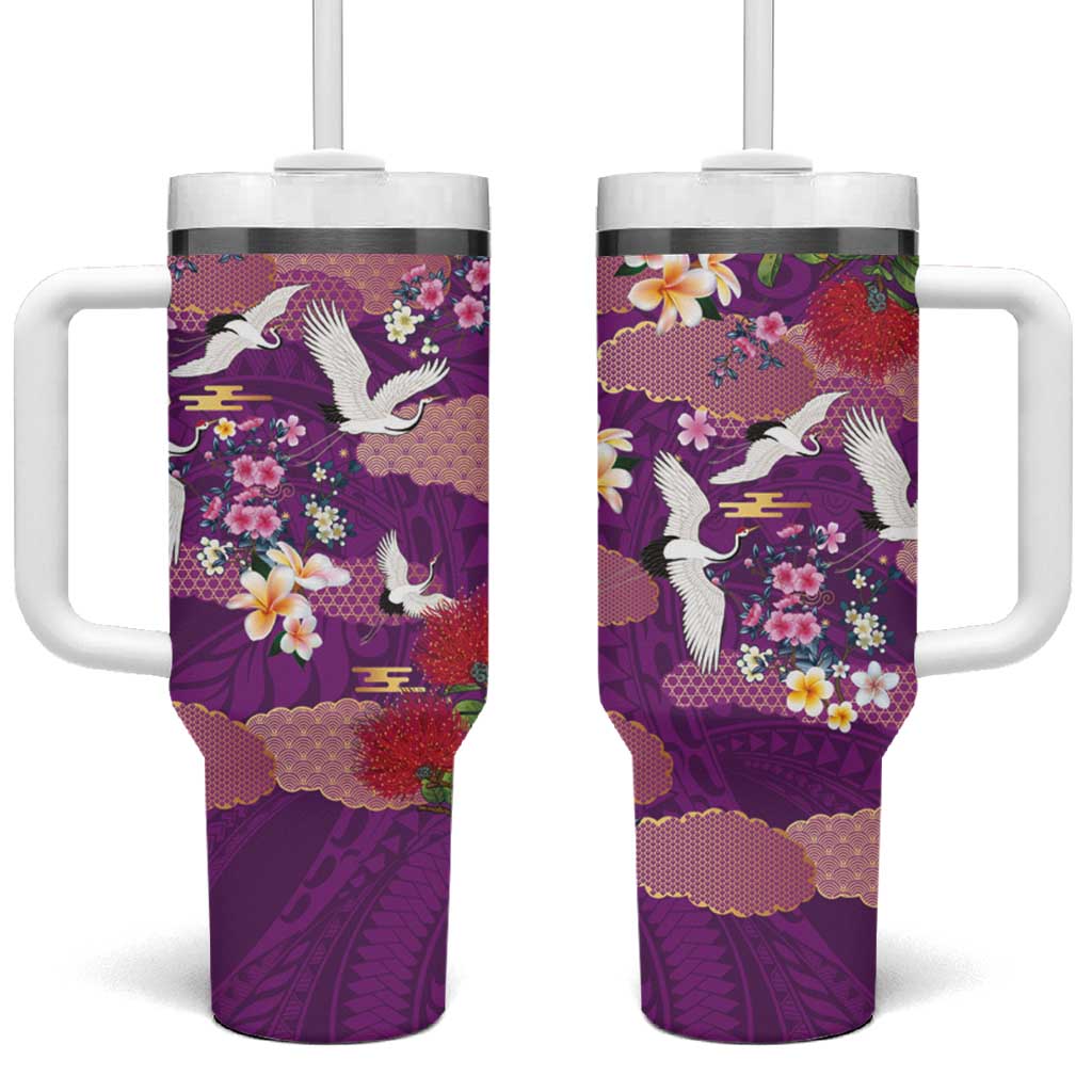 Hawaiian and Japanese Culture Together Tumbler With Handle Purple Ohia Lehua Plumeria and Sakura Blooming - Polynesian Pride