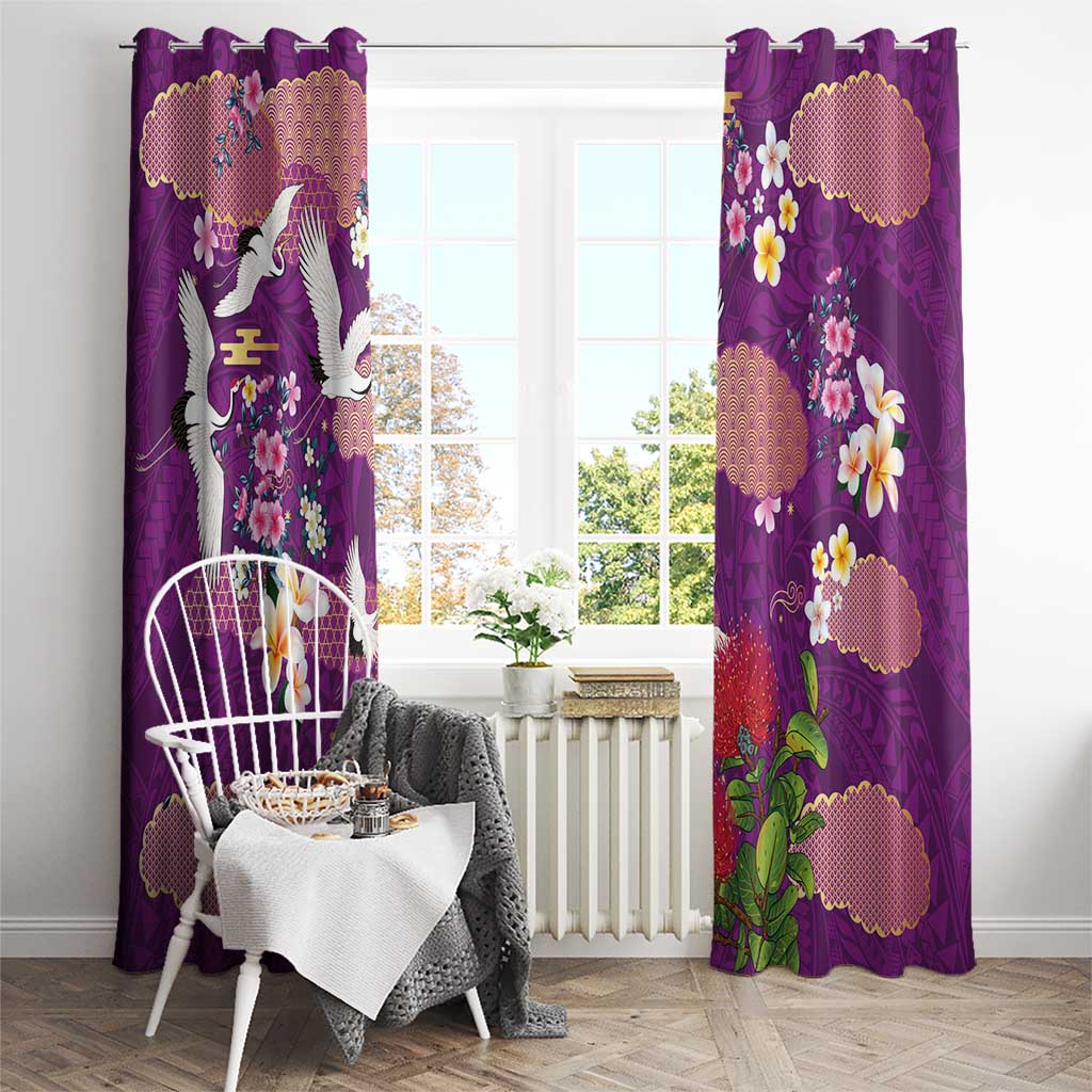 Hawaiian and Japanese Culture Together Window Curtain Purple Ohia Lehua Plumeria and Sakura Blooming - Polynesian Pride
