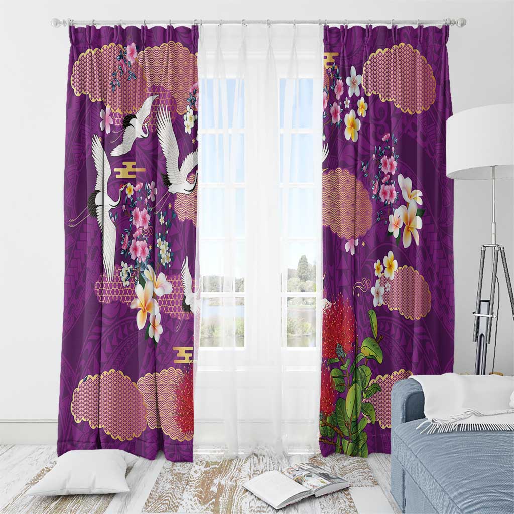 Hawaiian and Japanese Culture Together Window Curtain Purple Ohia Lehua Plumeria and Sakura Blooming - Polynesian Pride