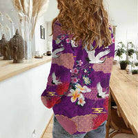 Hawaiian and Japanese Culture Together Women Casual Shirt Purple Ohia Lehua Plumeria and Sakura Blooming - Polynesian Pride