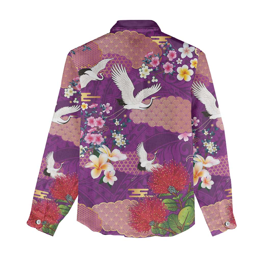 Hawaiian and Japanese Culture Together Women Casual Shirt Purple Ohia Lehua Plumeria and Sakura Blooming - Polynesian Pride