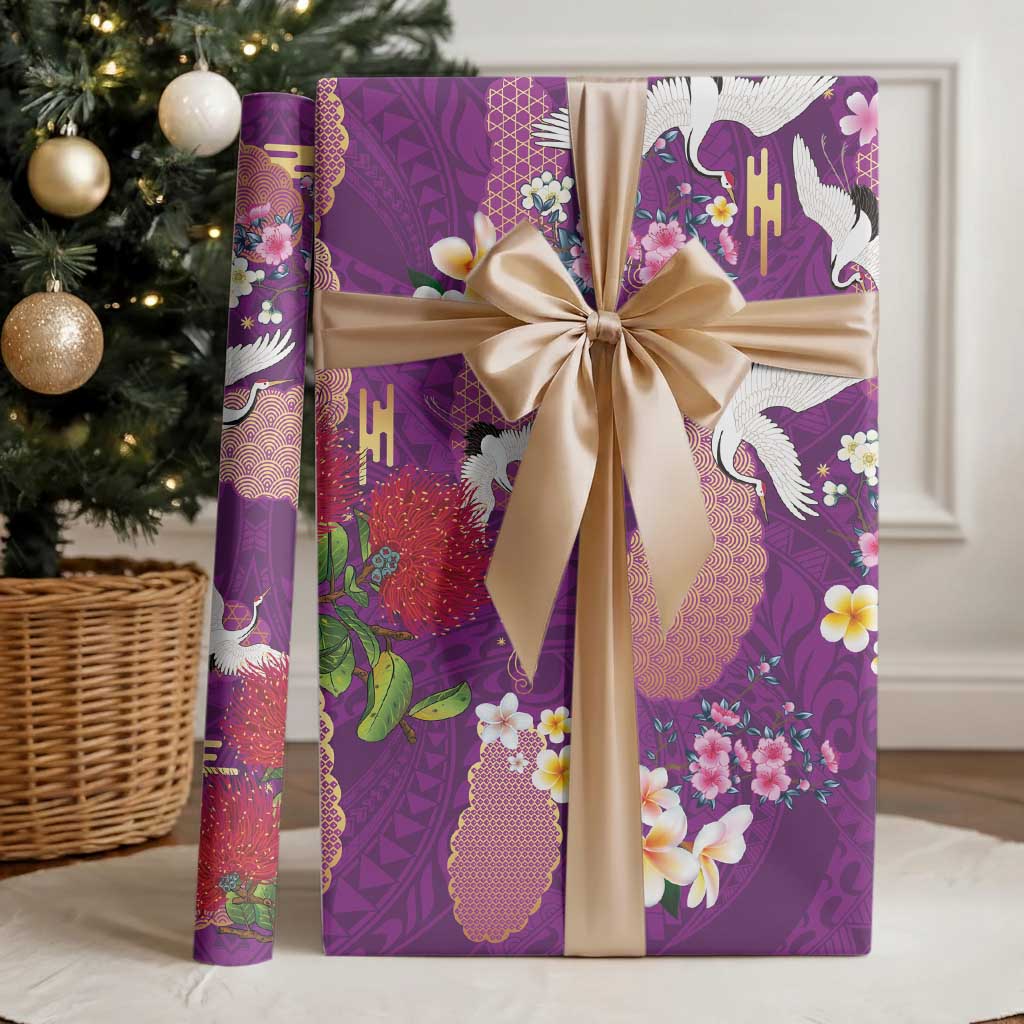 Hawaiian and Japanese Culture Together Wrapping Paper Purple Ohia Lehua Plumeria and Sakura Blooming LT03 - Polynesian Pride