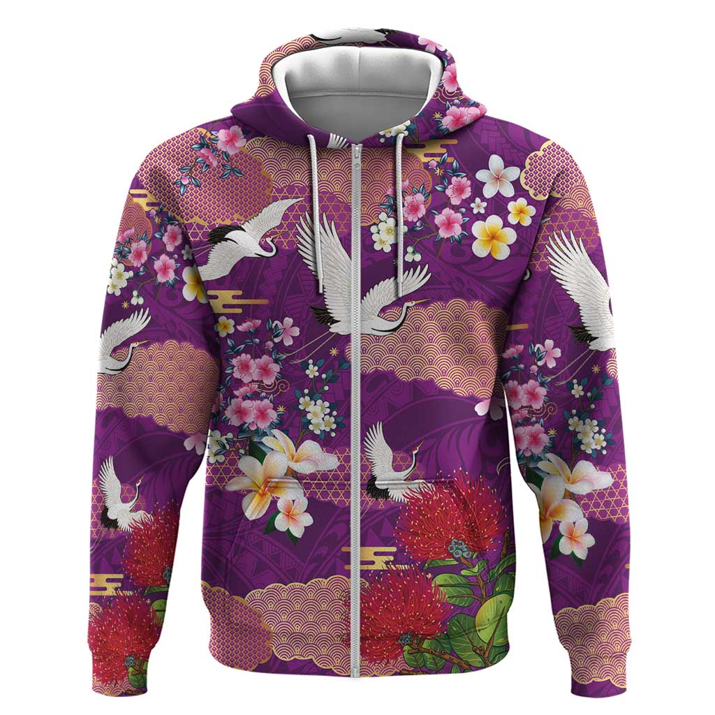 Hawaiian and Japanese Culture Together Zip Hoodie Purple Ohia Lehua Plumeria and Sakura Blooming - Polynesian Pride