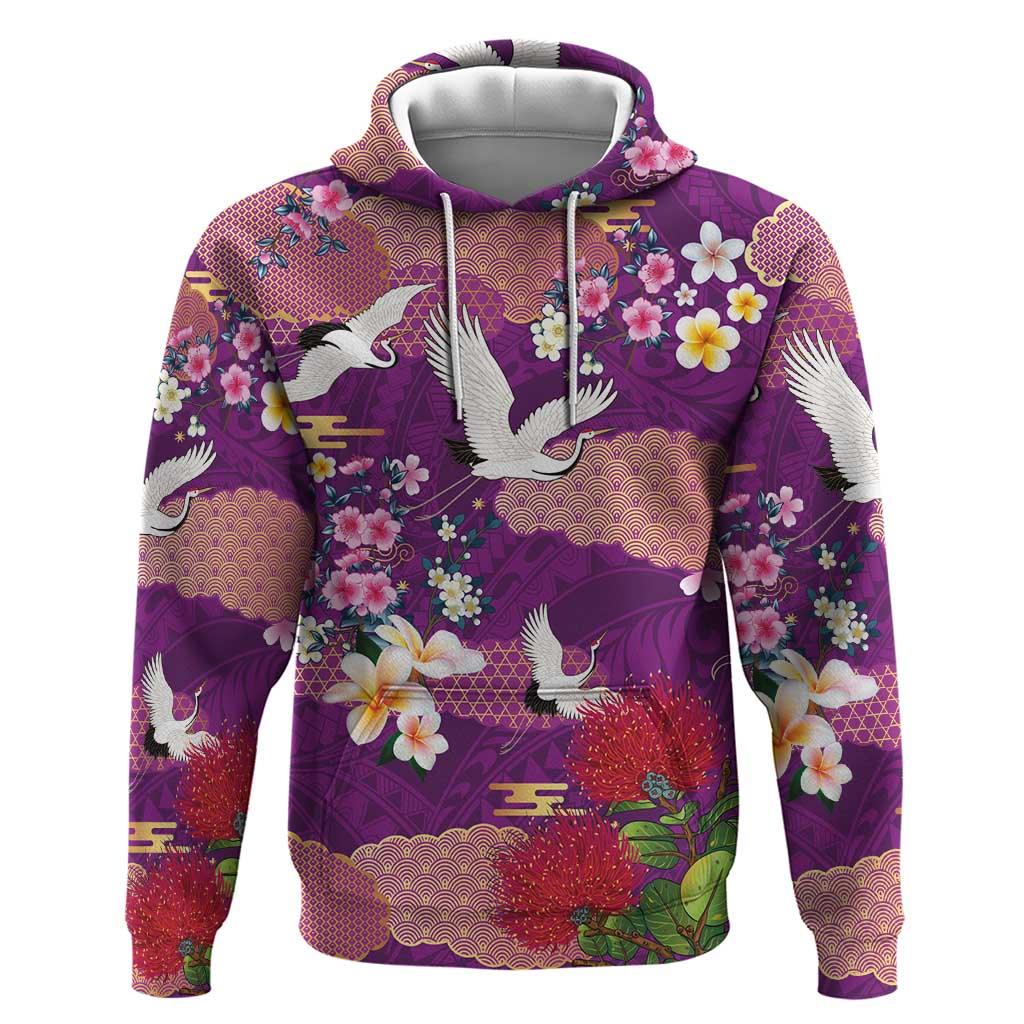 Hawaiian and Japanese Culture Together Zip Hoodie Purple Ohia Lehua Plumeria and Sakura Blooming - Polynesian Pride