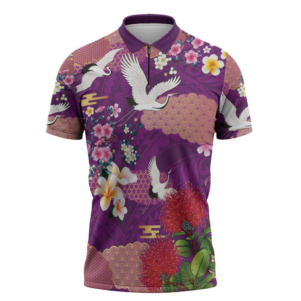 Hawaiian and Japanese Culture Together Zipper Polo Shirt Purple Ohia Lehua Plumeria and Sakura Blooming - Polynesian Pride