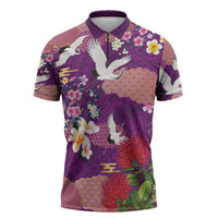 Hawaiian and Japanese Culture Together Zipper Polo Shirt Purple Ohia Lehua Plumeria and Sakura Blooming - Polynesian Pride