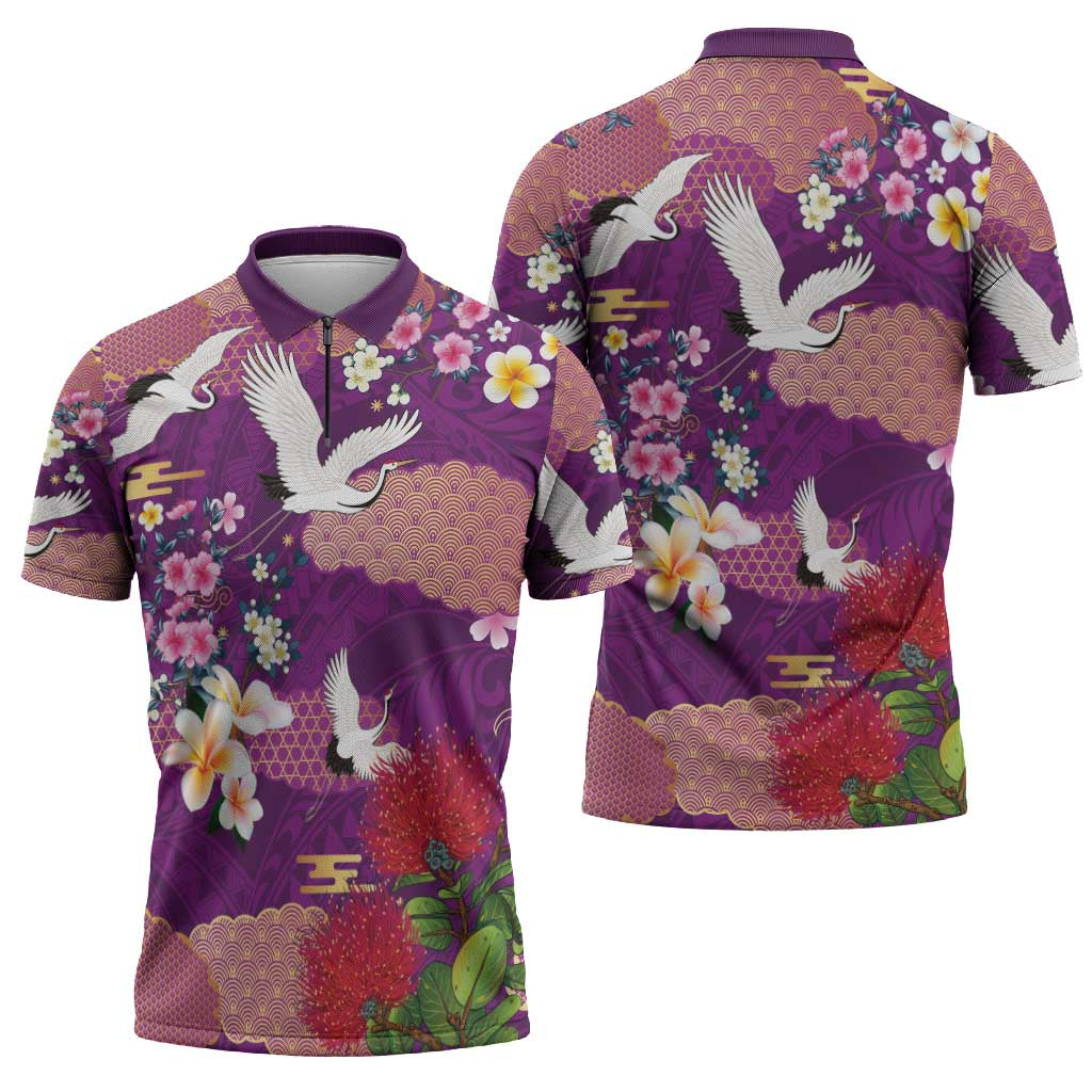 Hawaiian and Japanese Culture Together Zipper Polo Shirt Purple Ohia Lehua Plumeria and Sakura Blooming - Polynesian Pride