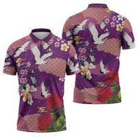 Hawaiian and Japanese Culture Together Zipper Polo Shirt Purple Ohia Lehua Plumeria and Sakura Blooming - Polynesian Pride