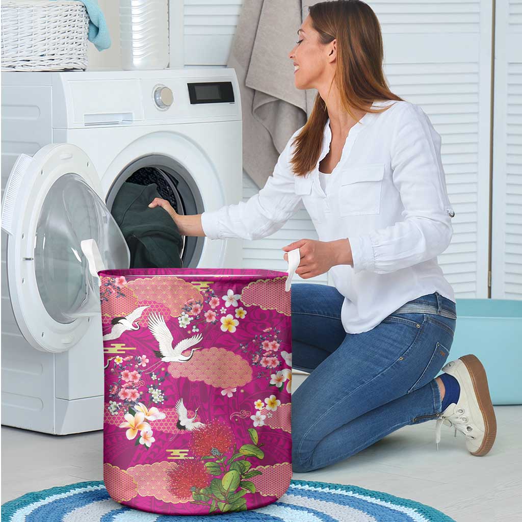Hawaiian and Japanese Culture Together Laundry Basket Pink Ohia Lehua Plumeria and Sakura Blooming - Polynesian Pride