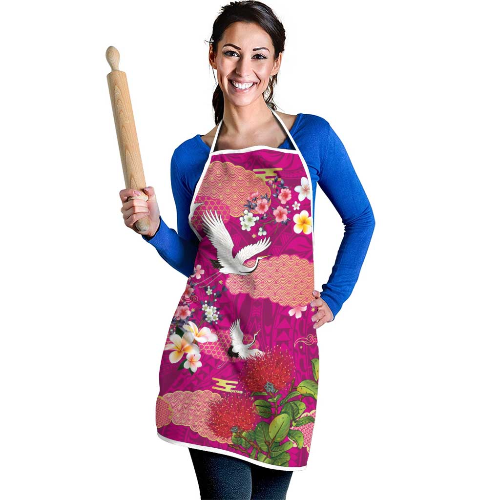 Hawaiian and Japanese Culture Together Apron Pink Ohia Lehua Plumeria and Sakura Blooming - Polynesian Pride