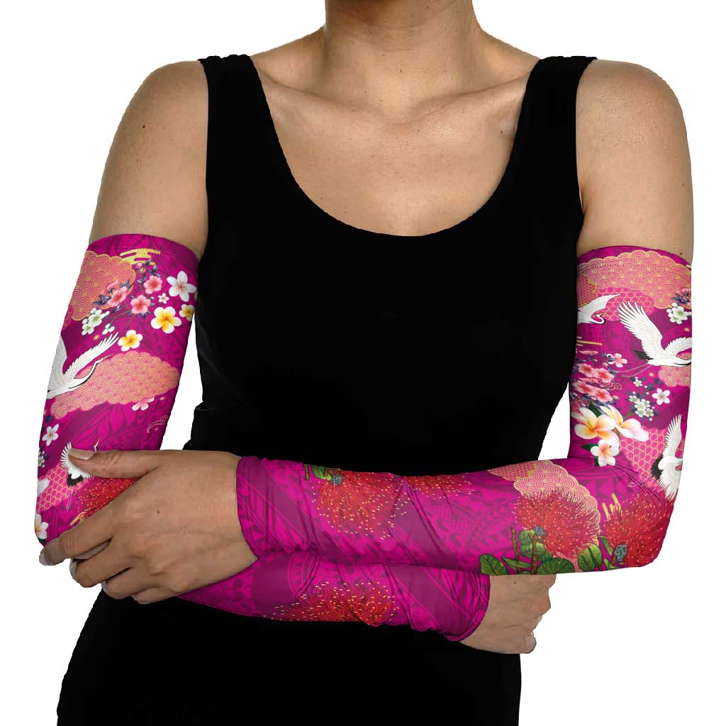 Hawaiian and Japanese Culture Together Arm Sleeves Pink Ohia Lehua Plumeria and Sakura Blooming - Polynesian Pride
