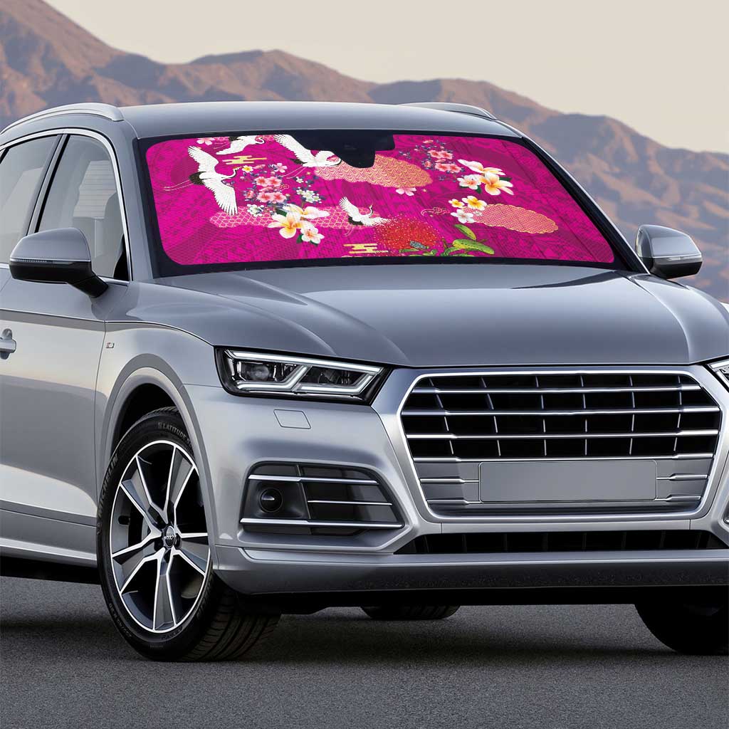 Hawaiian and Japanese Culture Together Auto Sun Shade Pink Ohia Lehua Plumeria and Sakura Blooming - Polynesian Pride