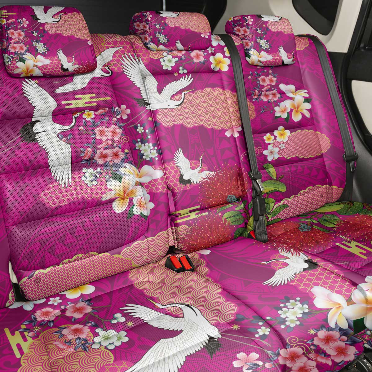 Hawaiian and Japanese Culture Together Back Car Seat Cover Pink Ohia Lehua Plumeria and Sakura Blooming - Polynesian Pride