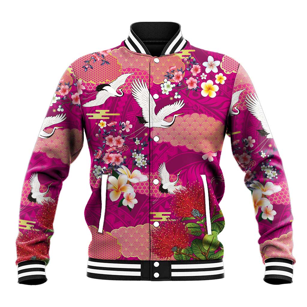 Hawaiian and Japanese Culture Together Baseball Jacket Pink Ohia Lehua Plumeria and Sakura Blooming - Polynesian Pride