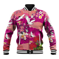 Hawaiian and Japanese Culture Together Baseball Jacket Pink Ohia Lehua Plumeria and Sakura Blooming - Polynesian Pride