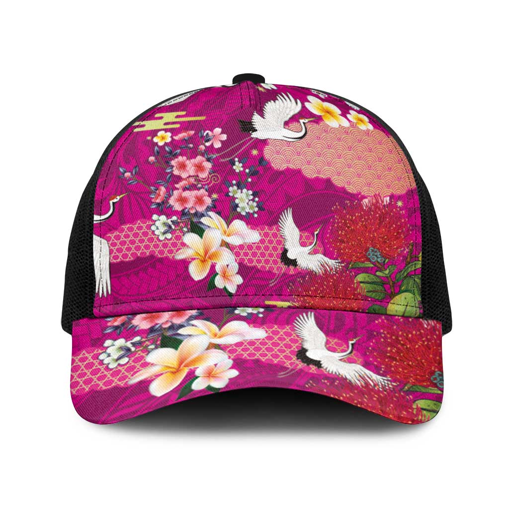 Hawaiian and Japanese Culture Together Baseball Net Cap Pink Ohia Lehua Plumeria and Sakura Blooming - Polynesian Pride