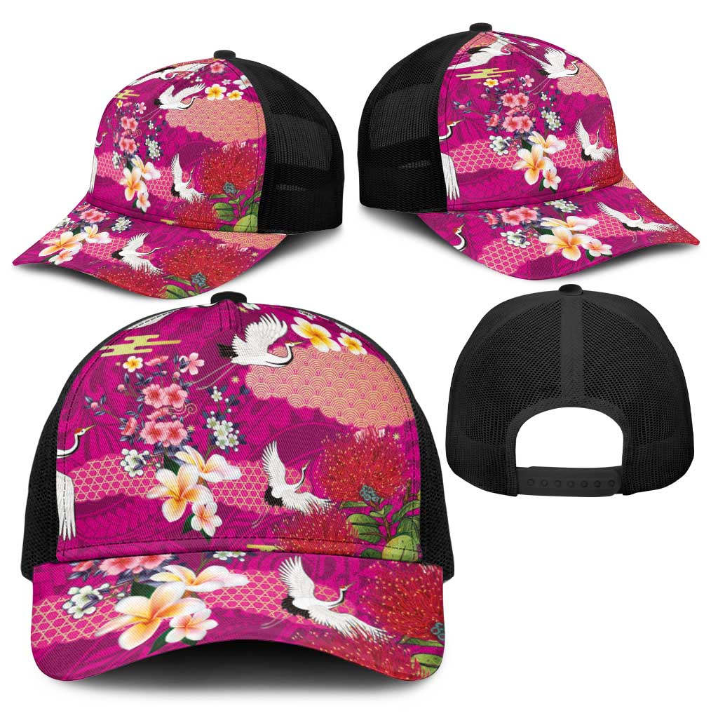 Hawaiian and Japanese Culture Together Baseball Net Cap Pink Ohia Lehua Plumeria and Sakura Blooming - Polynesian Pride