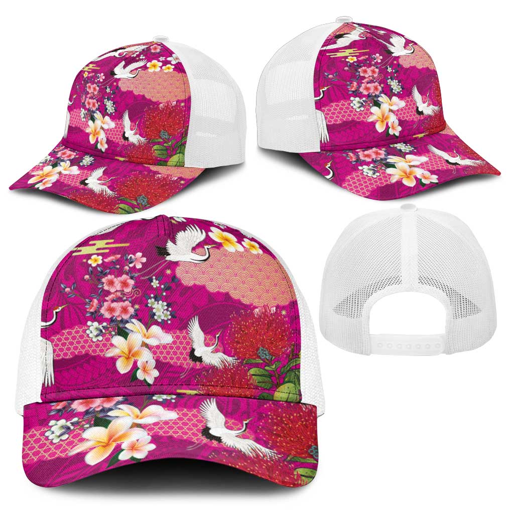 Hawaiian and Japanese Culture Together Baseball Net Cap Pink Ohia Lehua Plumeria and Sakura Blooming - Polynesian Pride