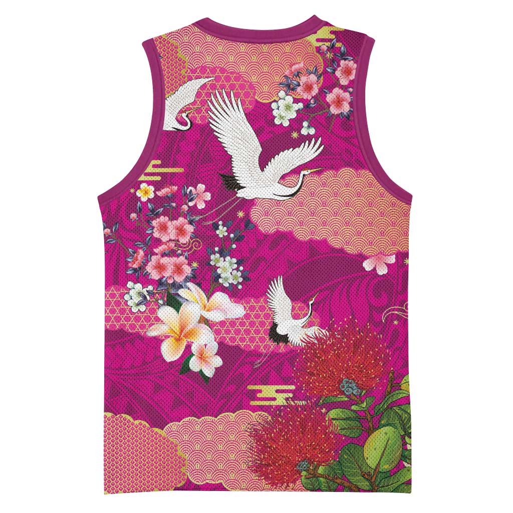 Hawaiian and Japanese Culture Together Basketball Jersey Pink Ohia Lehua Plumeria and Sakura Blooming - Polynesian Pride