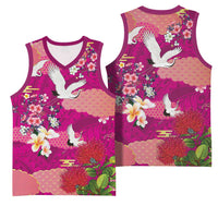 Hawaiian and Japanese Culture Together Basketball Jersey Pink Ohia Lehua Plumeria and Sakura Blooming - Polynesian Pride