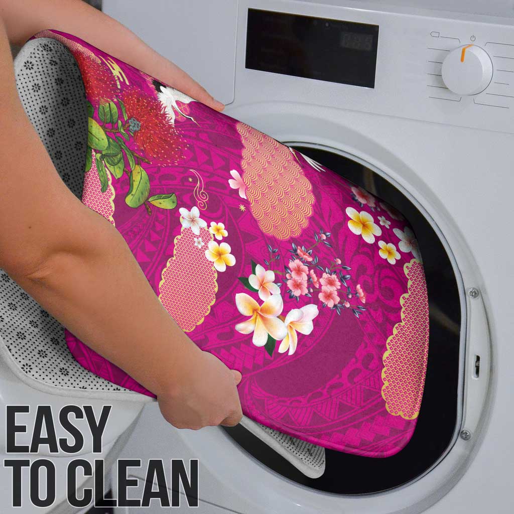 Hawaiian and Japanese Culture Together Bathroom Set Pink Ohia Lehua Plumeria and Sakura Blooming - Polynesian Pride