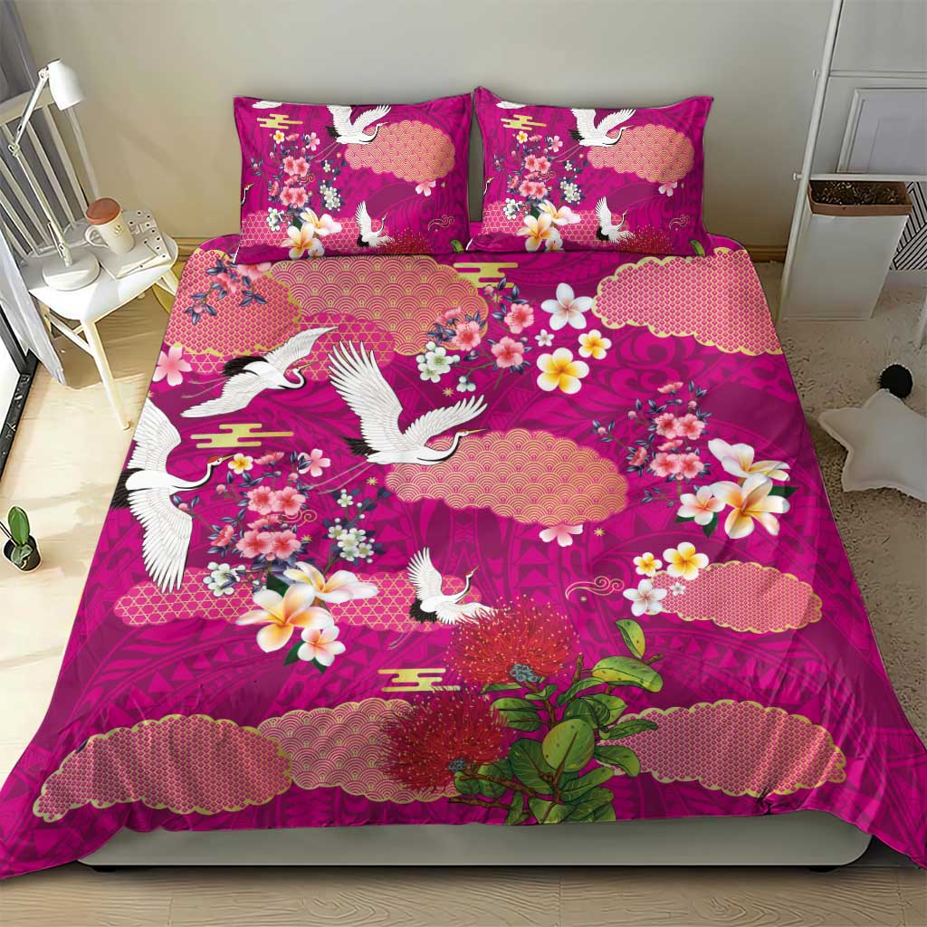 Hawaiian and Japanese Culture Together Bedding Set Pink Ohia Lehua Plumeria and Sakura Blooming - Polynesian Pride