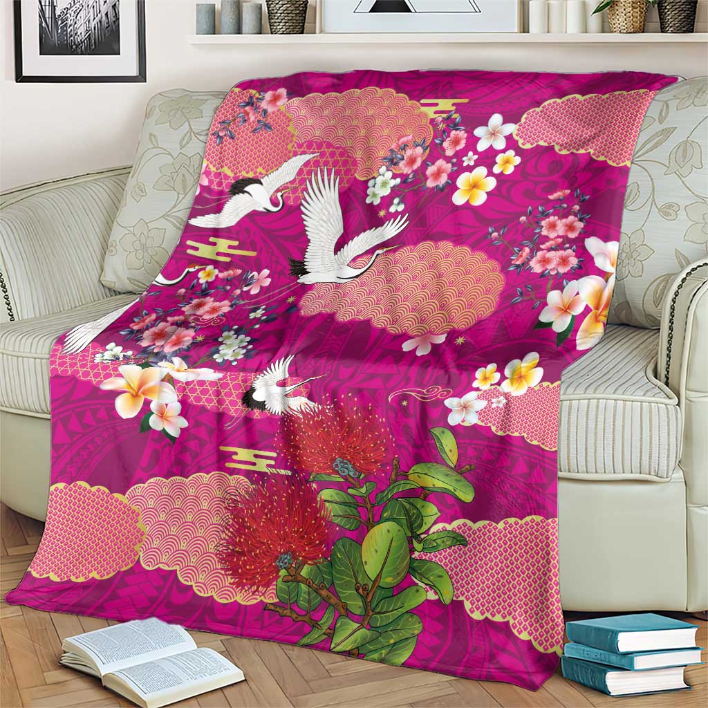 Hawaiian and Japanese Culture Together Blanket Pink Ohia Lehua Plumeria and Sakura Blooming - Polynesian Pride