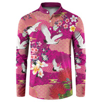 Hawaiian and Japanese Culture Together Button Sweatshirt Pink Ohia Lehua Plumeria and Sakura Blooming - Polynesian Pride