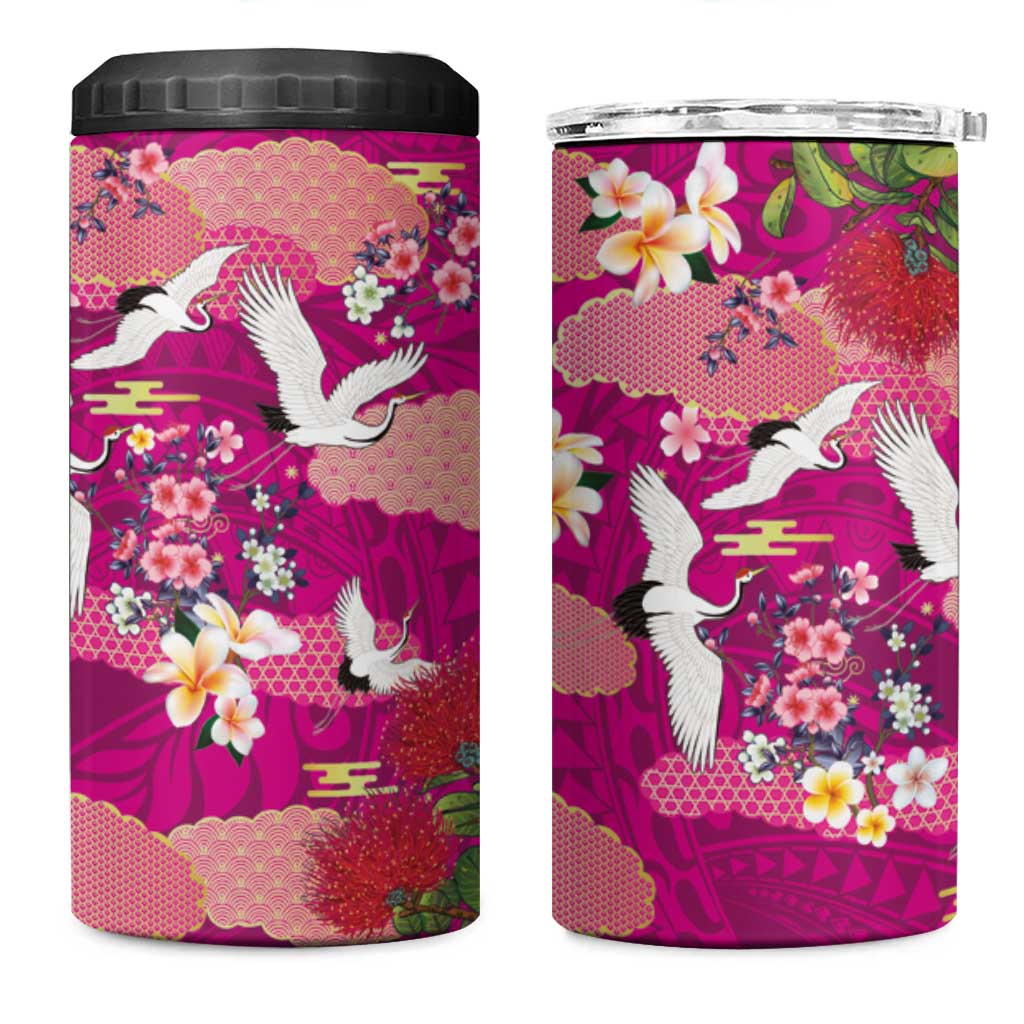 Hawaiian and Japanese Culture Together 4 in 1 Can Cooler Tumbler Pink Ohia Lehua Plumeria and Sakura Blooming - Polynesian Pride
