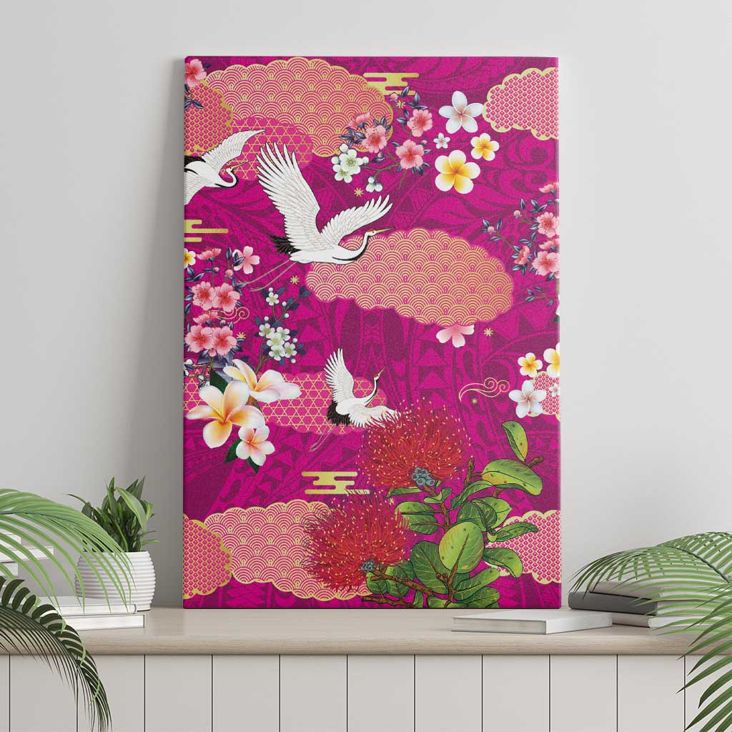 Hawaiian and Japanese Culture Together Canvas Wall Art Pink Ohia Lehua Plumeria and Sakura Blooming - Polynesian Pride
