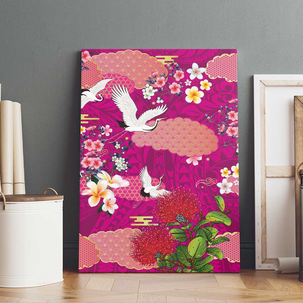 Hawaiian and Japanese Culture Together Canvas Wall Art Pink Ohia Lehua Plumeria and Sakura Blooming - Polynesian Pride