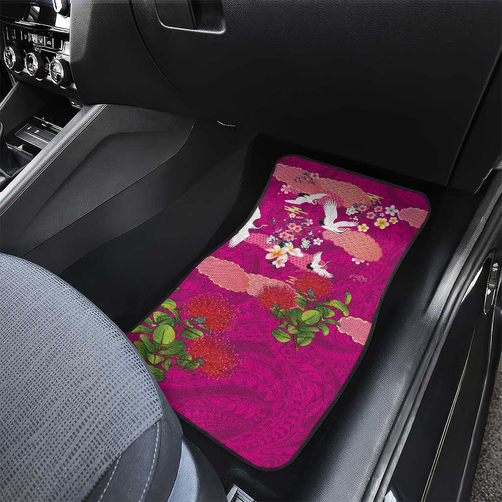 Hawaiian and Japanese Culture Together Car Mats Pink Ohia Lehua Plumeria and Sakura Blooming - Polynesian Pride