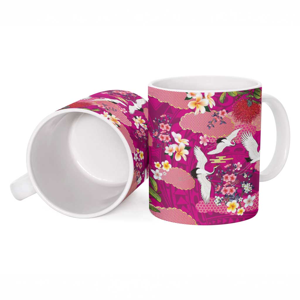 Hawaiian and Japanese Culture Together Ceramic Mug Pink Ohia Lehua Plumeria and Sakura Blooming - Polynesian Pride