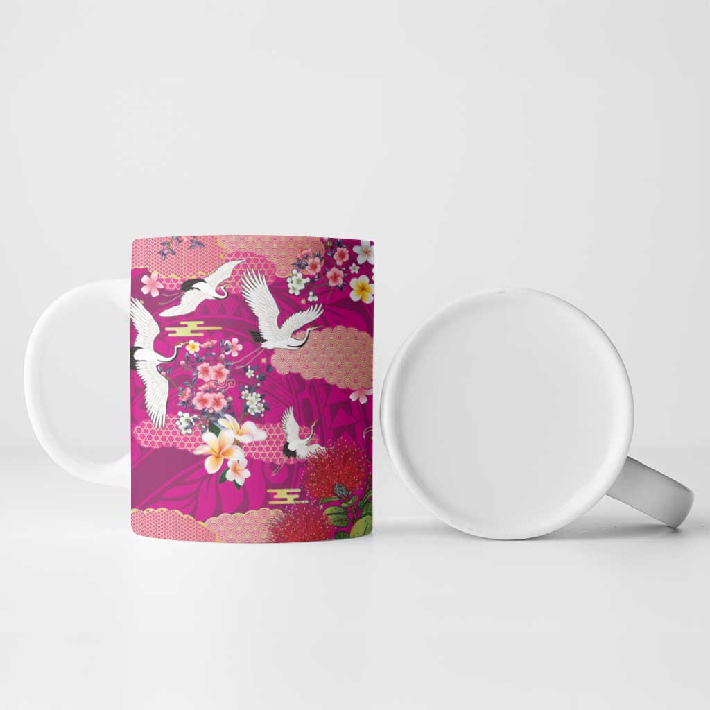 Hawaiian and Japanese Culture Together Ceramic Mug Pink Ohia Lehua Plumeria and Sakura Blooming - Polynesian Pride