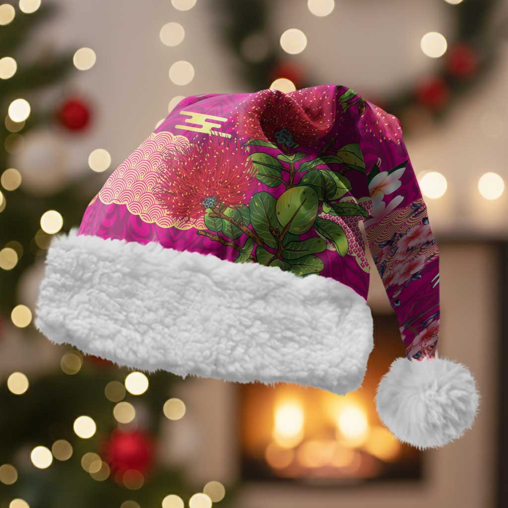Hawaiian and Japanese Culture Together Christmas Santa Hat Pink Ohia Lehua Plumeria and Sakura Blooming - Polynesian Pride