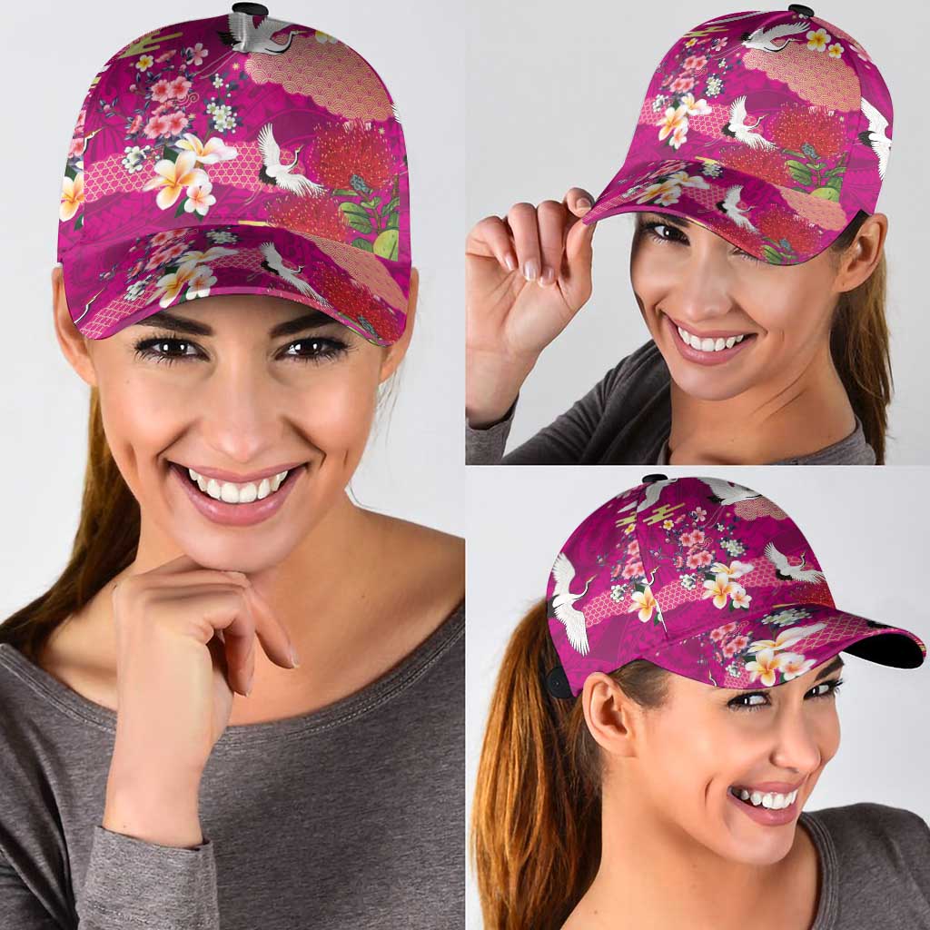 Hawaiian and Japanese Culture Together Classic Cap Pink Ohia Lehua Plumeria and Sakura Blooming - Polynesian Pride