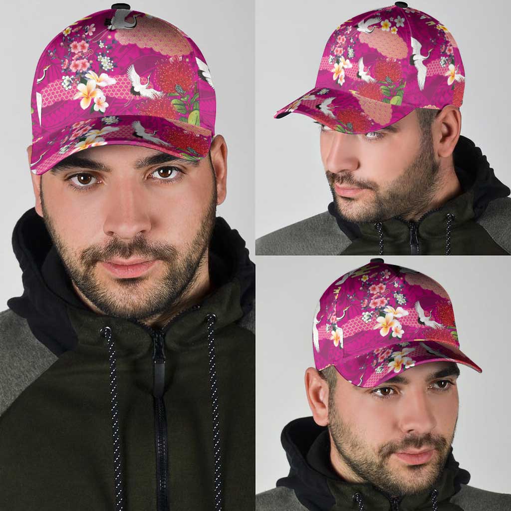 Hawaiian and Japanese Culture Together Classic Cap Pink Ohia Lehua Plumeria and Sakura Blooming - Polynesian Pride