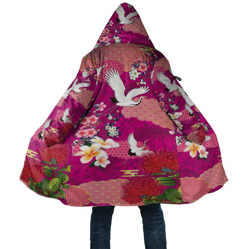 Hawaiian and Japanese Culture Together Cloak Pink Ohia Lehua Plumeria and Sakura Blooming - Polynesian Pride