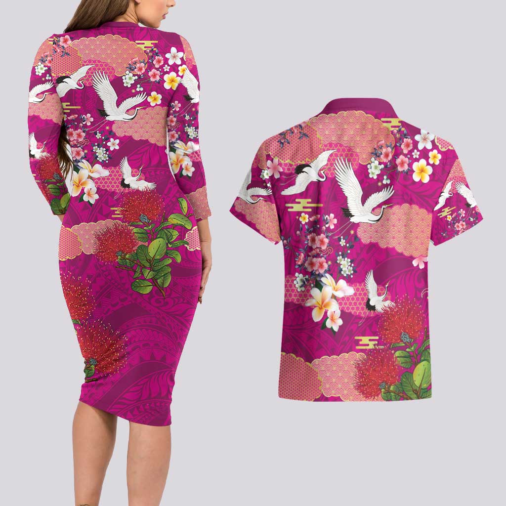 Hawaiian and Japanese Culture Together Couples Matching Long Sleeve Bodycon Dress and Hawaiian Shirt Pink Ohia Lehua Plumeria and Sakura Blooming - Polynesian Pride
