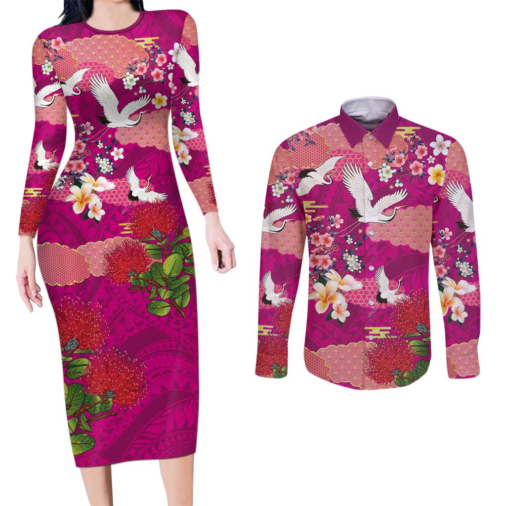 Hawaiian and Japanese Culture Together Couples Matching Long Sleeve Bodycon Dress and Long Sleeve Button Shirt Pink Ohia Lehua Plumeria and Sakura Blooming - Polynesian Pride