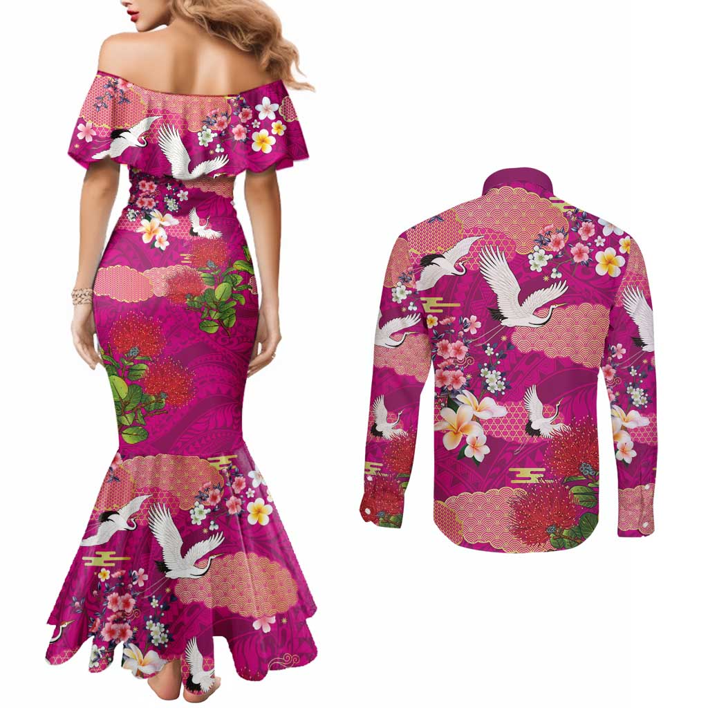 Hawaiian and Japanese Culture Together Couples Matching Mermaid Dress and Long Sleeve Button Shirt Pink Ohia Lehua Plumeria and Sakura Blooming - Polynesian Pride