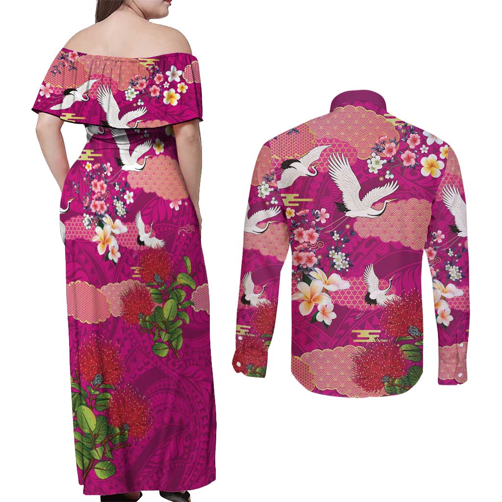 Hawaiian and Japanese Culture Together Couples Matching Off Shoulder Maxi Dress and Long Sleeve Button Shirt Pink Ohia Lehua Plumeria and Sakura Blooming - Polynesian Pride