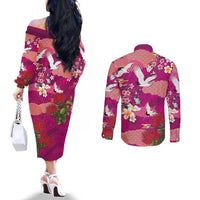Hawaiian and Japanese Culture Together Couples Matching Off The Shoulder Long Sleeve Dress and Long Sleeve Button Shirt Pink Ohia Lehua Plumeria and Sakura Blooming - Polynesian Pride