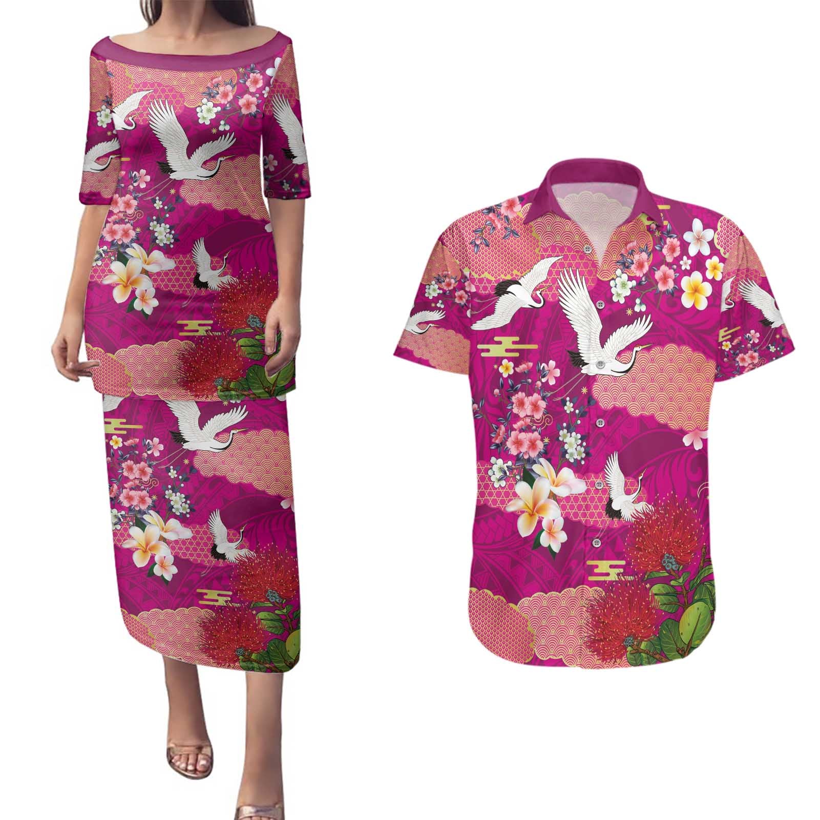 Hawaiian and Japanese Culture Together Couples Matching Puletasi and Hawaiian Shirt Pink Ohia Lehua Plumeria and Sakura Blooming - Polynesian Pride