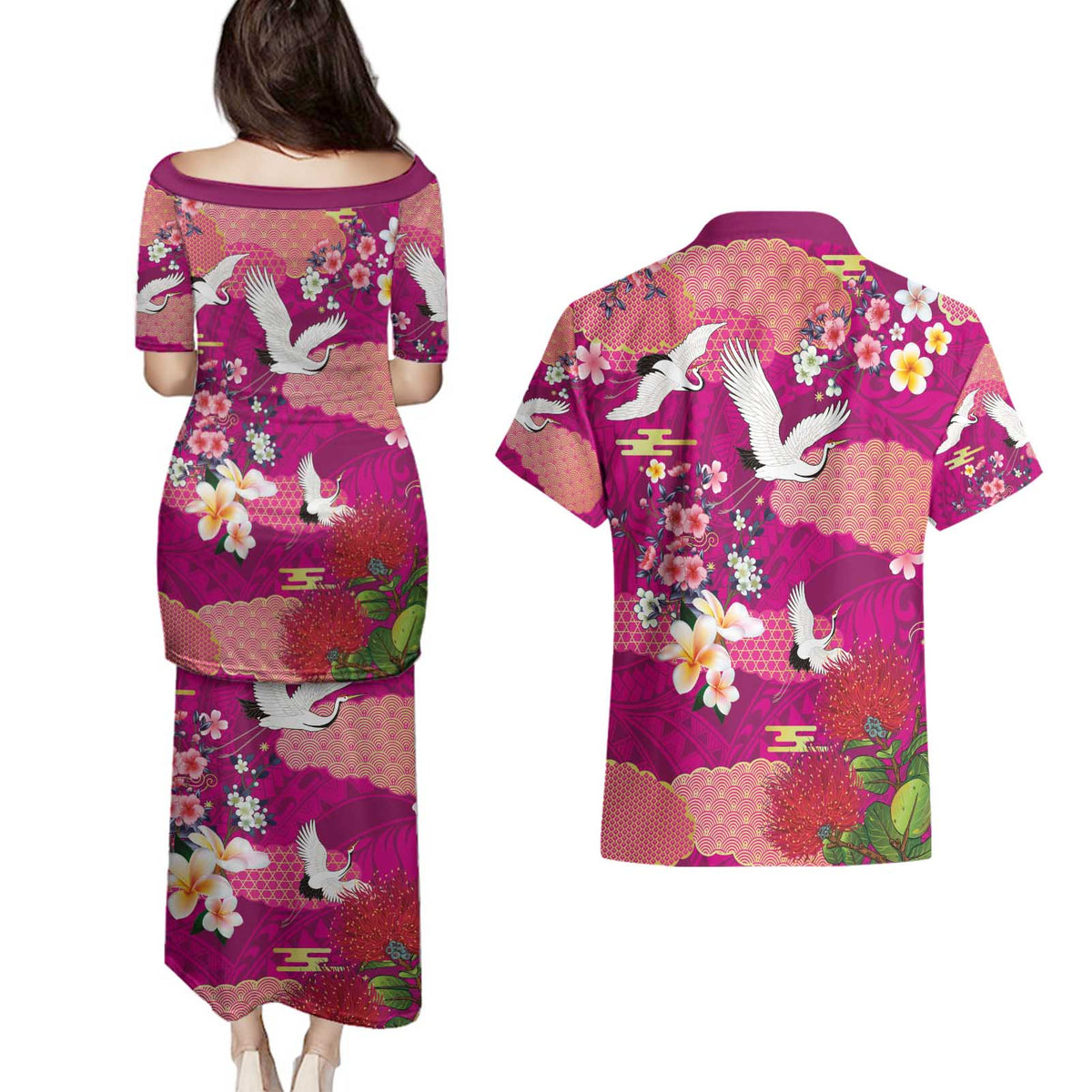 Hawaiian and Japanese Culture Together Couples Matching Puletasi and Hawaiian Shirt Pink Ohia Lehua Plumeria and Sakura Blooming - Polynesian Pride