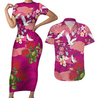 Hawaiian and Japanese Culture Together Couples Matching Short Sleeve Bodycon Dress and Hawaiian Shirt Pink Ohia Lehua Plumeria and Sakura Blooming - Polynesian Pride