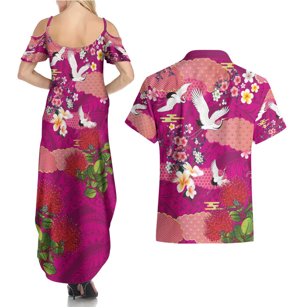 Hawaiian and Japanese Culture Together Couples Matching Summer Maxi Dress and Hawaiian Shirt Pink Ohia Lehua Plumeria and Sakura Blooming - Polynesian Pride